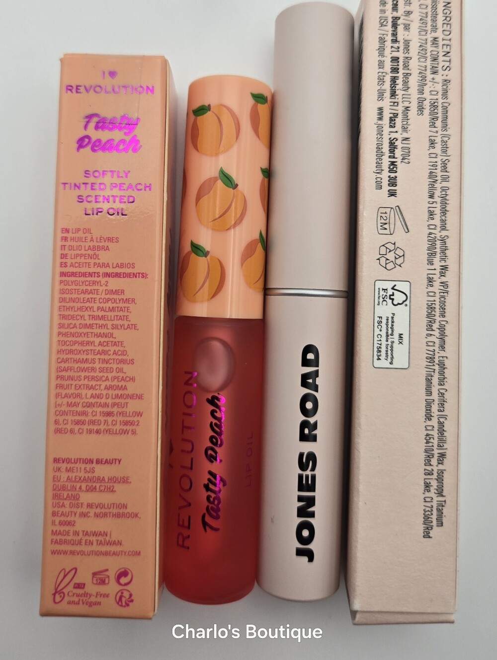 Jones Road Lip Tint Just Peachy & I Heart Revolution Peach Lip Oil Duo NIB - Picture 3 of 6